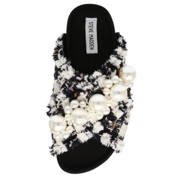 STEVE MADDEN Tweed Fringe Pearl Slides Sandals Shoes 5 5.5 7 7.5 NWT HOST PICK - Picture 7 of 14